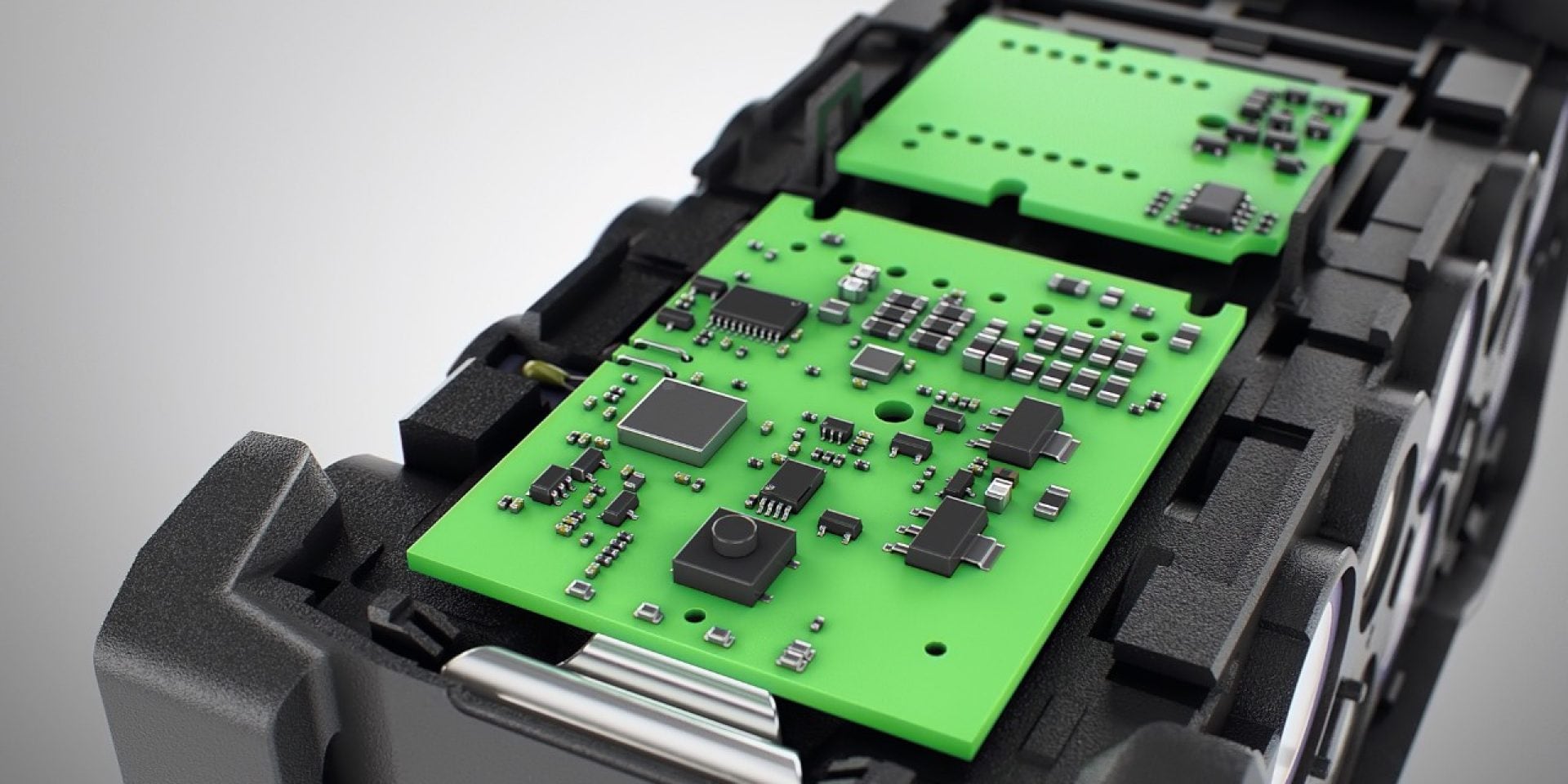 Dwarsdoorsnede van een geopende Nuron lithium-ion-accu met een focus op de elektronica in de accu.