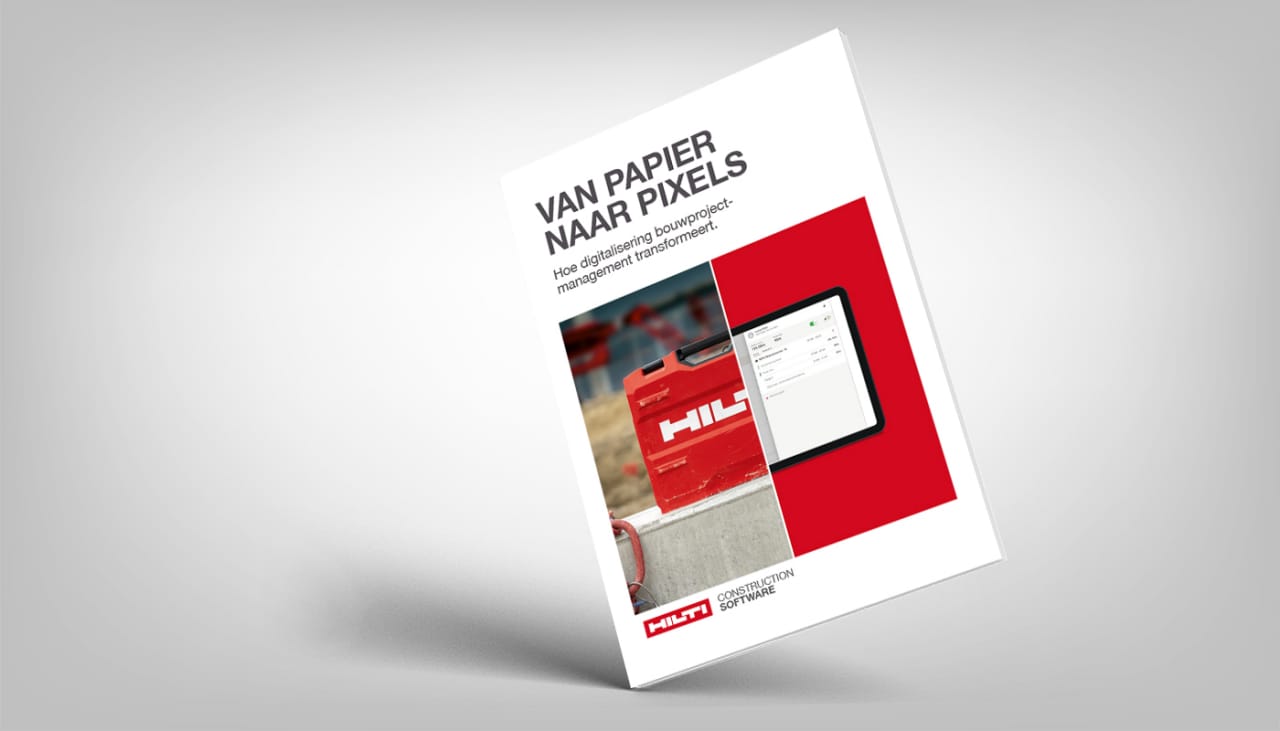 Een afbeelding toont de cover van de whitepaper „De evenwichtsoefening onder de knie krijgen” met daarop de helft van een Hilti-koffer en de helft van een tablet.