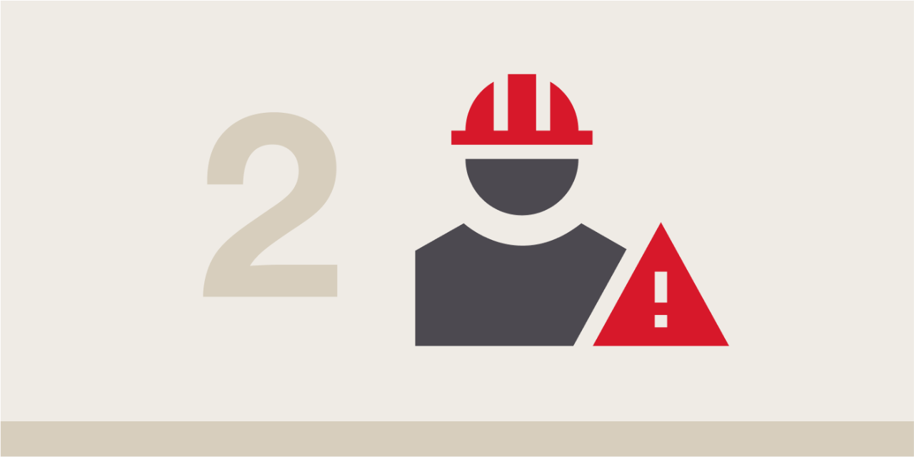 Illustratie in lichtbruin van het cijfer 2. Rechts daarvan staat een afbeelding die de veiligheid symboliseert, met naast hem een ​​bouwvakker met een rode helm en een driehoek. In de driehoek is een uitroepteken te zien.