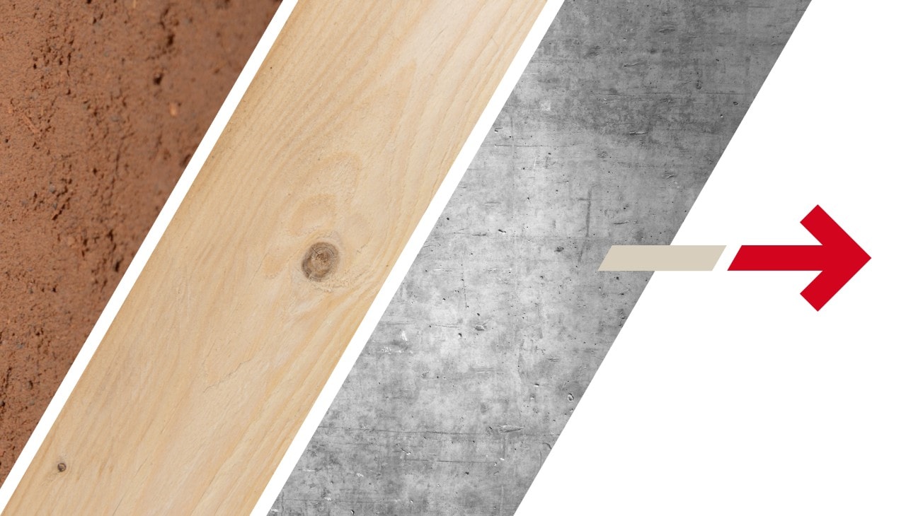Het beeld is verdeeld in vier zones. Geheel links zien we een close-up van de klei, dan een close-up van het hout, ernaast een close-up van het beton. Helemaal links in de afbeelding staat een rode pijl op een witte achtergrond die naar rechts wijst.