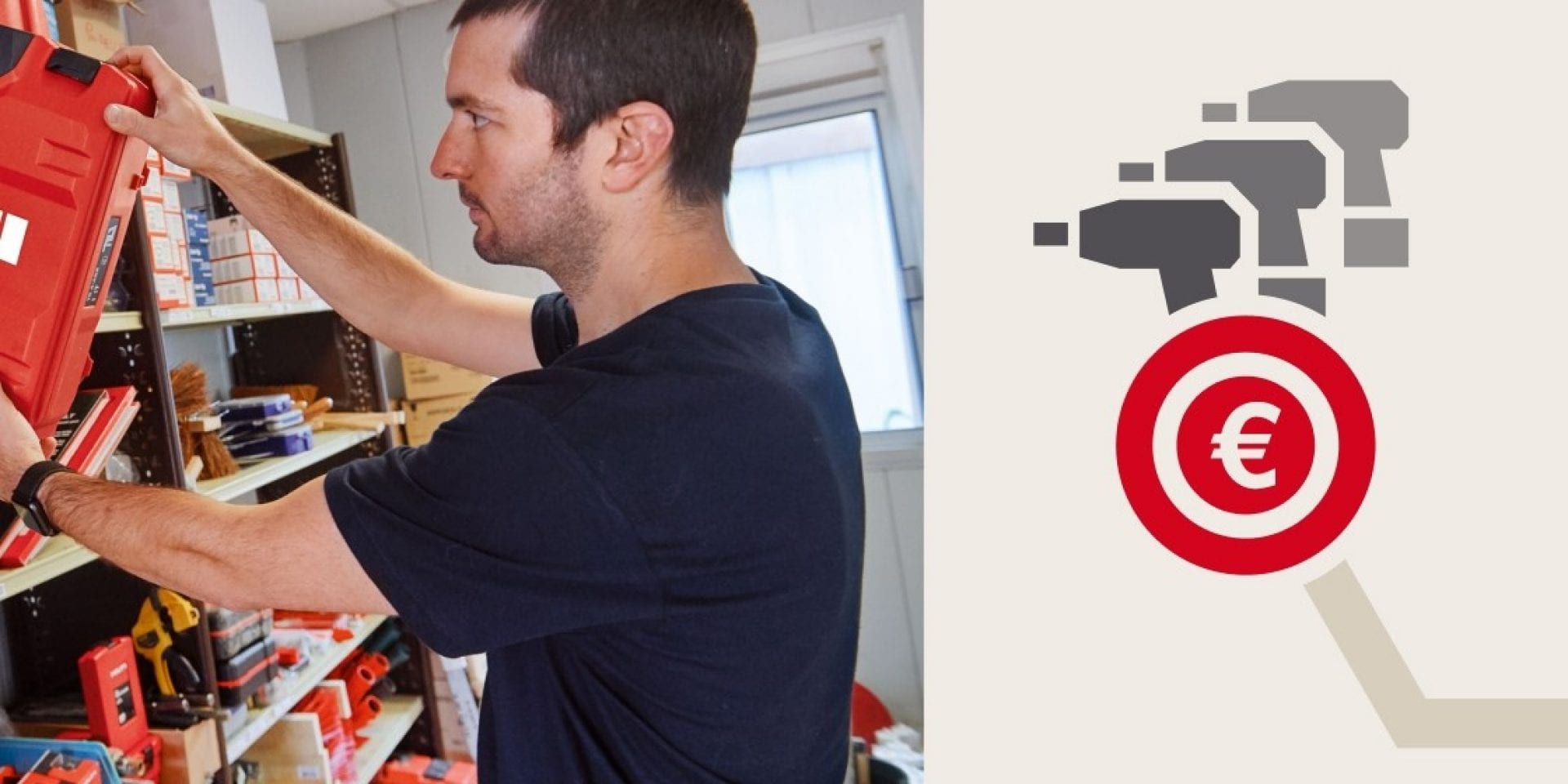 Een mannelijke arbeider pakt een rode Hilti gereedschapskoffer uit een gereedschapsrek. Rechts ziet u een infographic met drie grijs gestileerde accuschroevendraaiers en een rood eurosymbool.