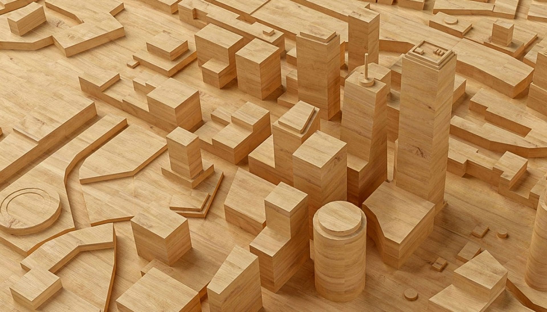 Afbeelding met enkele gebouwen die driedimensionaal in een houten plank zijn uitgesneden
