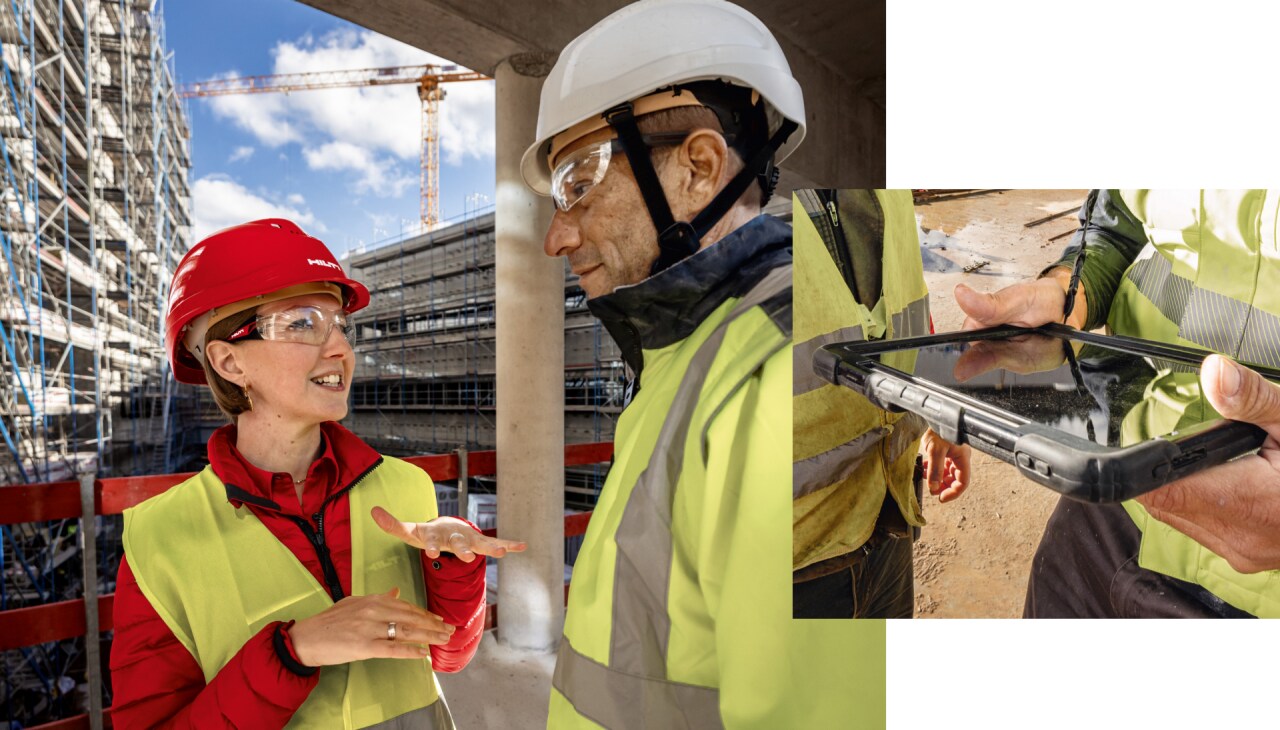 Twee afbeeldingen: Op de eerste is een vrouw met een rode Hilti-helm te zien die een man iets op de bouwplaats uitlegt. De tweede afbeelding toont de handen van een persoon die een tablet vasthoudt.