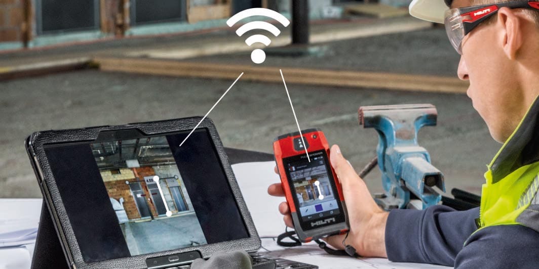 Jobsite supervisor sends via Wi-Fi a Measure in Picture result from the PD-CS to a tablet as a JPG file for larger viewing and e-mail forwarding