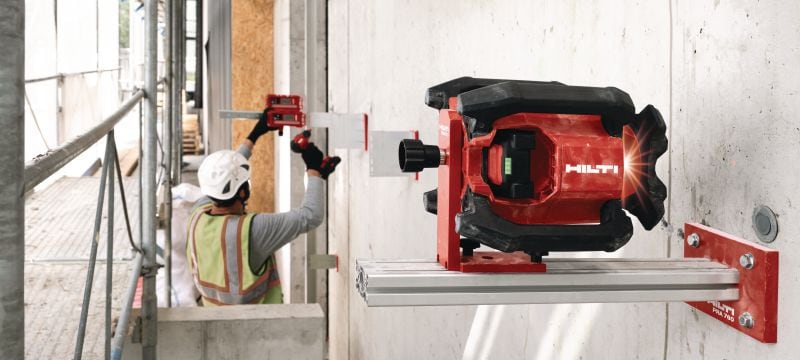 PR 40-22 Rode roterende laser, met enkele afschotmodus Robuuste roterende buitenlaser met automatische functies voor lange afstanden nivelleren, uitlijnen, op afschot en vierkant maken (Nuron-accuplatform) Toepassingen 1