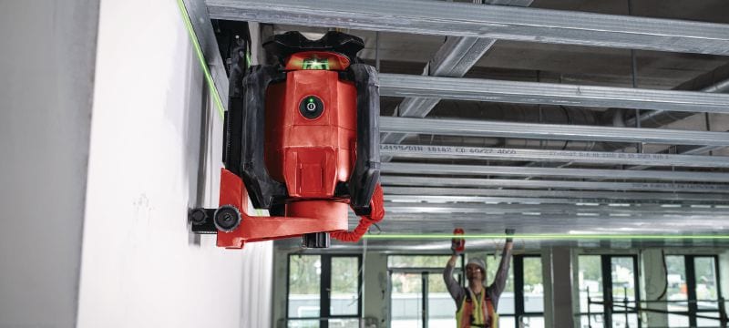 PR 40G-22 Groen roterend laser met enkele afschotmodus Robuuste roterende laserwaterpas voor binnen met zeer goed zichtbare groene bundel en automatische functies voor nivelleren, uitlijnen, afschot en vierkant maken (Nuron-platform) Toepassingen 1