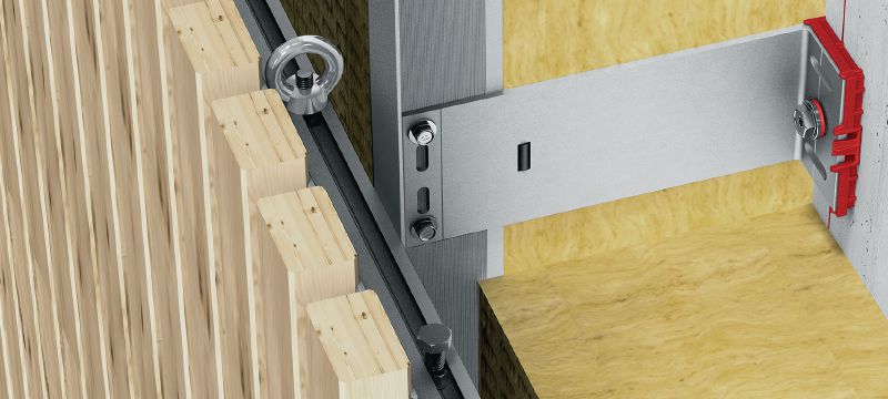 MFT-MTS-beugelrails Beugelrails voor het prefabriceren en monteren van verticale houten bekledingspanelen aan aluminium onderconstructies voor geventileerde gevels Toepassingen 1