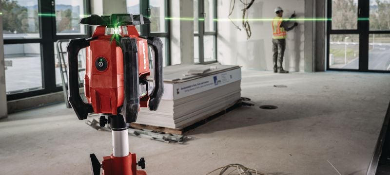 PR 40G-22 Groen roterend laser met enkele afschotmodus Robuuste roterende laserwaterpas voor binnen met zeer goed zichtbare groene bundel en automatische functies voor nivelleren, uitlijnen, afschot en vierkant maken (Nuron-platform) Toepassingen 1