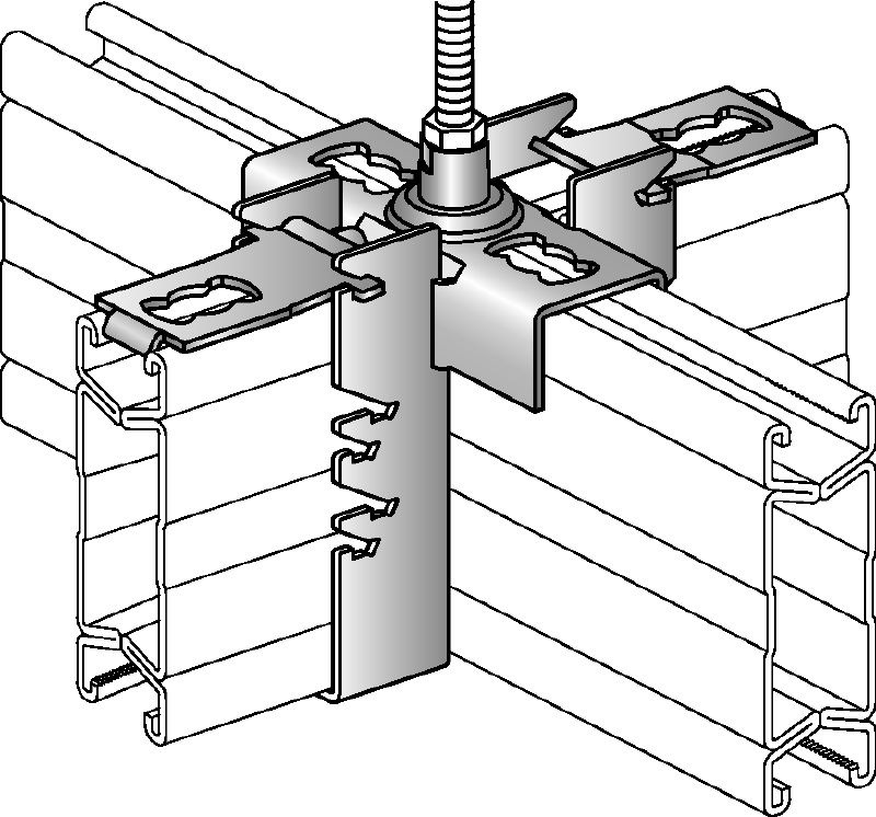 MQI-K kruisverbinder Verzinkte kruisverbinder voor kruislings bevestigen van rails met een geïntegreerde M12-verbinding voor verstelbare hoogte