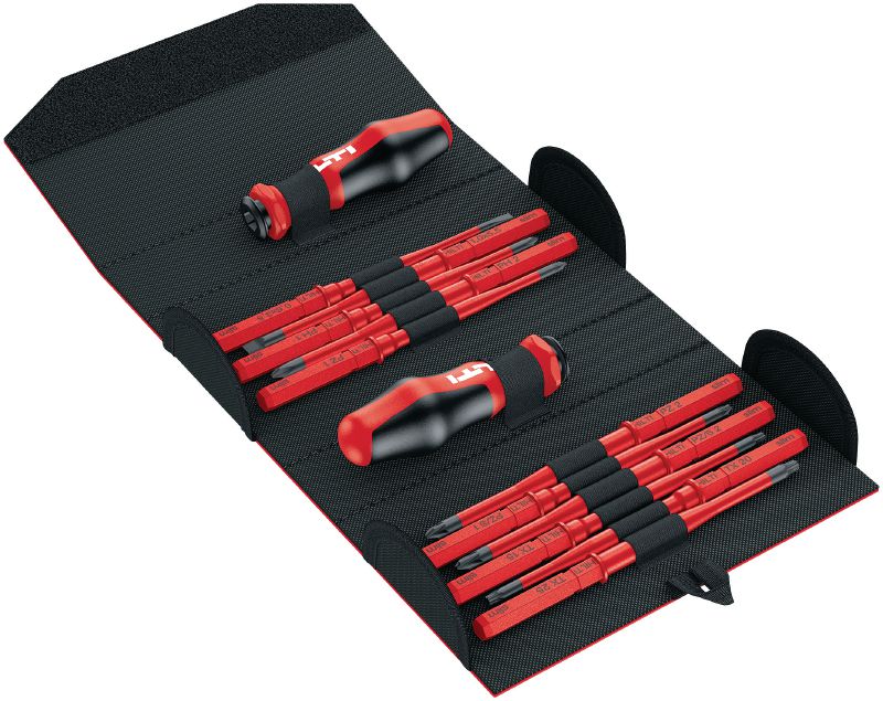 S-SD-S geïsoleerde VDE schroevendraaierset (Slank) Slanke VDE-goedgekeurde geïsoleerde handschroevendraaierset met 11 verwisselbare, extra slanke bits, twee handgrepen en duurzame etui