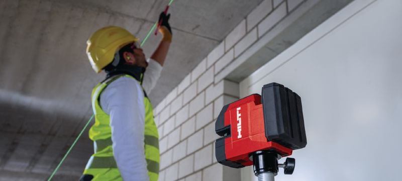 PM 20-CG 12 V lood- en kruislijnlaser Combi-laser met groene straal, 2 lijnen en 5 punten voor het zetten van loodlijnen, nivelleren, uitlijnen en vierkant maken (12 V accuplatform) Toepassingen 1