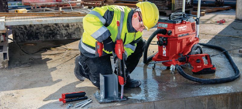 HIT-RE 500 V4 epoxy-anker Ultieme injecteerbare epoxymortel met goedkeuringen voor wapeningverbindingen en ankers voor zware toepassingen. De 1400 ml alleen te gebruiken bij de P8000D – niet geschikt voor HDE/HDM. Toepassingen 1