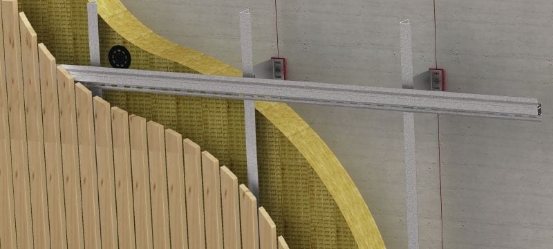 MFT-MTS-beugelrails Beugelrails voor het prefabriceren en monteren van verticale houten bekledingspanelen aan aluminium onderconstructies voor geventileerde gevels Toepassingen 1