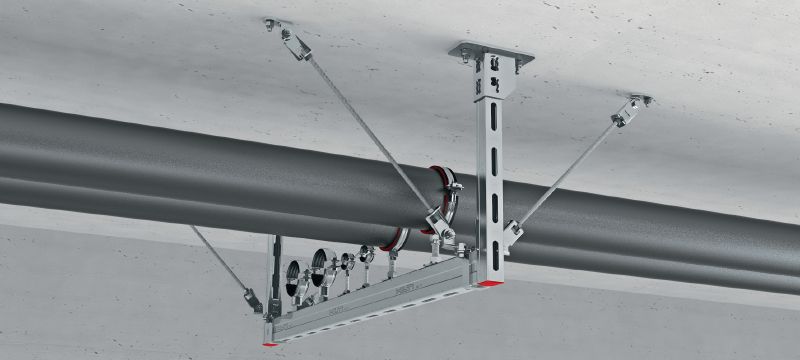 MQS-AB stangrailbeugelverbinder Verzinkte voorgemonteerde stangrailbeugelverbinder met verhoogde flexibiliteit bij installatie voor een breed scala aan seismische toepassingen Toepassingen 1
