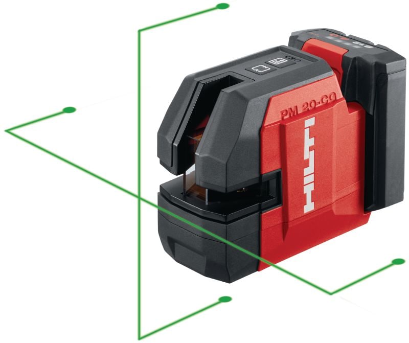 PM 20-CG 12 V-lood- en kruislijnlaser Combi-laser met groene straal, 2 lijnen en 4 punten voor het zetten van loodlijnen, nivelleren, uitlijnen en vierkant maken (12 V accuplatform)