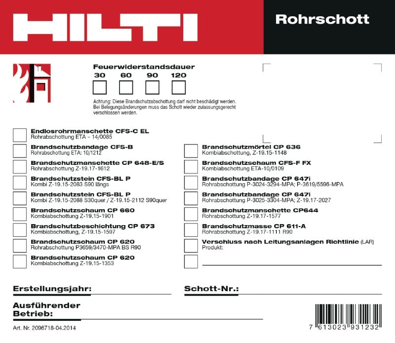 Identification plate pipe penetration QR 