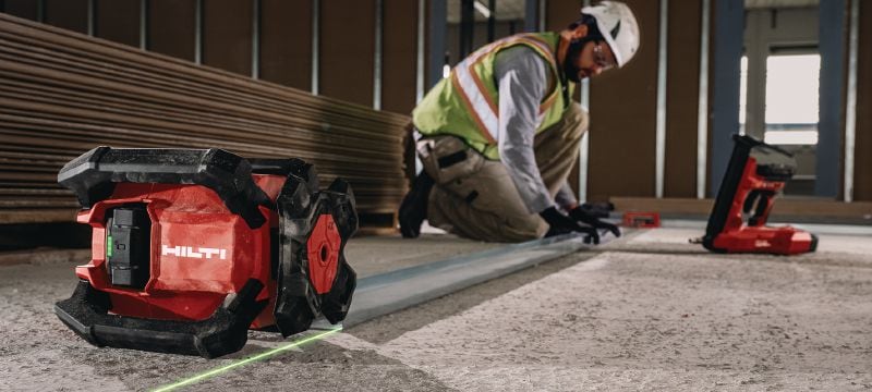 PR 40G-22 Groen roterend laser met enkele afschotmodus Robuuste roterende laserwaterpas voor binnen met zeer goed zichtbare groene bundel en automatische functies voor nivelleren, uitlijnen, afschot en vierkant maken (Nuron-platform) Toepassingen 1