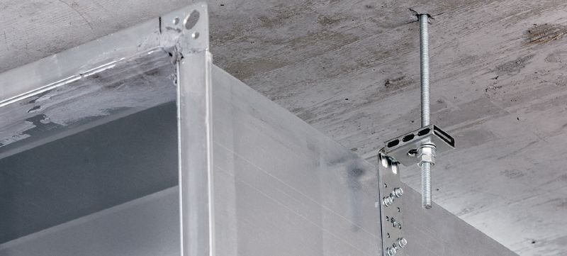 MVA-LP ventilatiehoek Verzinkte beugel voor ventilatiekanalen met een lengte van 100 mm voor het rechtstreeks bevestigen van ventilatiekanalen aan plafonds Toepassingen 1